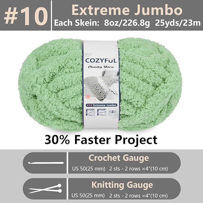 Chunky Yarn for Hand Knitting - #10 Chunky Chenille Yarn, Jumbo Big Thick Chunky Yarns for Crocheting, Super Bulky Chunky Knit Blanket Yarns, 8 Skein (25 yds 8 oz Each Skein), Soft Sage Green