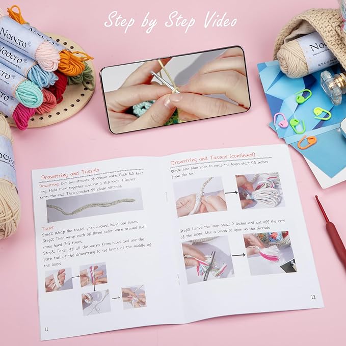 Noocro Crochet Kit for Advanced or Intermediate Beginner DIY Granny Square Bucket Bag, Purse, with Step by Step Tutorial Video and Detailed Instruction Complete Kit Craft Supplies Holiday Gift