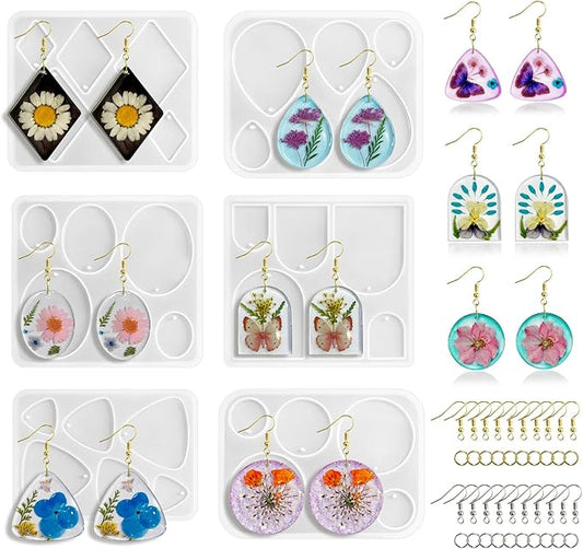 Roxjaejae 46 PCS Resin Earring Molds Silicone Kit, Resin Jewelry Making Kit with Built-in Holes for Earrings, Necklace, Pendants, Keychains