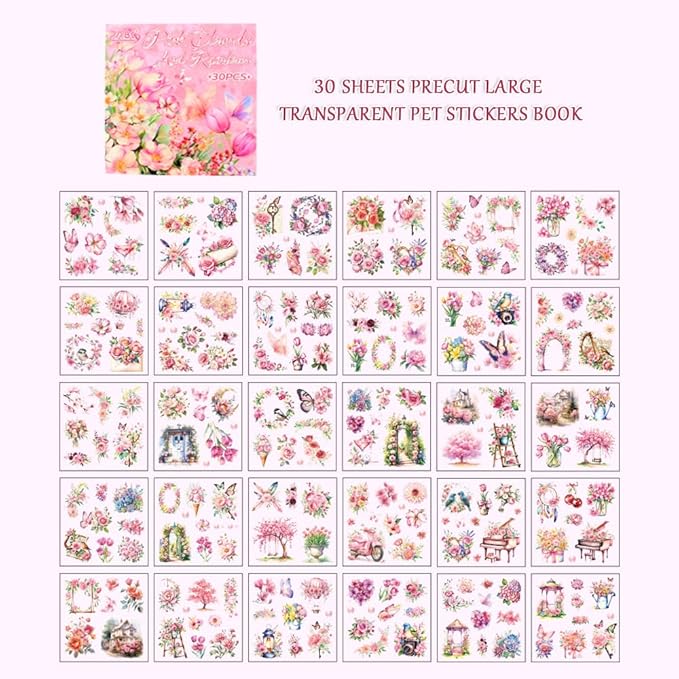 30 Sheets Precut Pink Garden Landscape Stickers Book for Junk Journal Supplies, Transparent PET Stickers for Journaling, Scrapbooking, Bujo, Collage, Card Making
