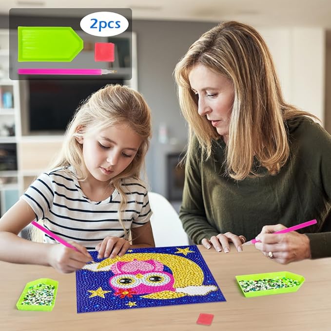QEUOYSS Diamond Art Kit for Kids with Wooden Frame Art and Crafts for Kids Ages 6-8 -10-12 Easy to DIY Diamond Art for Kid and Adult Beginners Home Wall Decoration (Female owl)