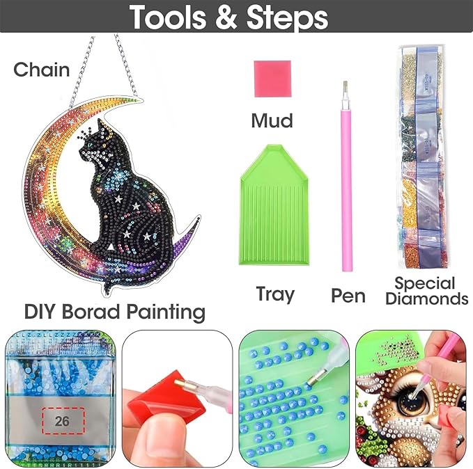 SKRYUIE Cat Hanging Diamond Art Kits for Adults Pendant Suncatcher, Special Shaped Crystal DIY Pearl Diamond Painting Kit, Gift for Mother Spring Summer Window Wreath Decor 7.49 x 5.91 Inch D4