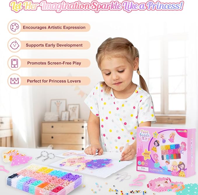 meland princess fuse beads craft kit for girls, 5mm beads set with pegboards & accessories, creative diy art toy for kids ages 5-12, perfect birthday or christmas gift for little princesses