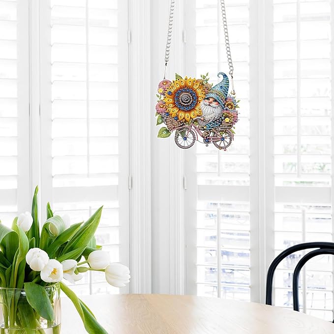 AiYuanzsh 5D Diamond Painting Hanging Ornament, Gnome with Sunflower Design DIY Acrylic Pendant Kit, Handmade Diamond Art Suncatcher Decoration for Home Wall Window Gift