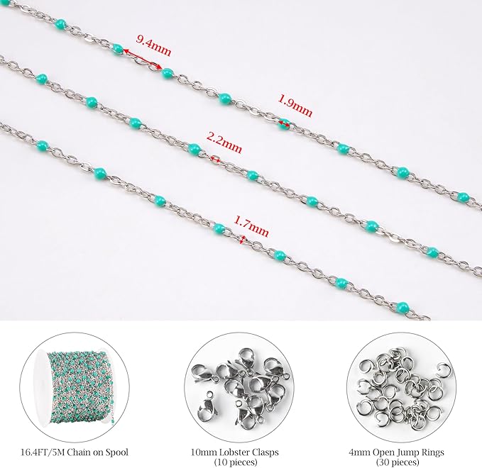 16.4 Feet Thin Stainless Steel Necklace Making Chains Bulk on Spool Turquoise Green Bead Chain for Crafts with Lobster Clasps Jump Ring Jewelry Findings