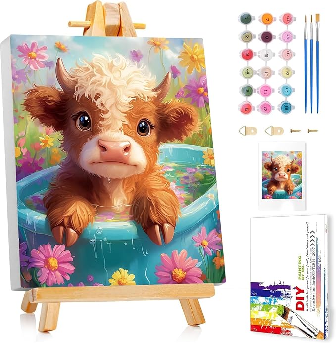 Reivworl Paint by Numbers Kit for Kids - with Frame and Easel, Cow Paint by Number Kids Age 6-8-12 Boys Girls, Paint by Numbers for Gifts and Decor (9.5X12Inch)