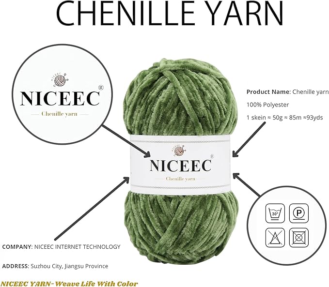 NICEEC 3 Skeins Soft Chenille Yarn Blanket Yarn for Knitting Fancy Yarn for Crochet Weaving DIY Craft Total Length 3×85m (3×93yds, 3×50g)_Green Series