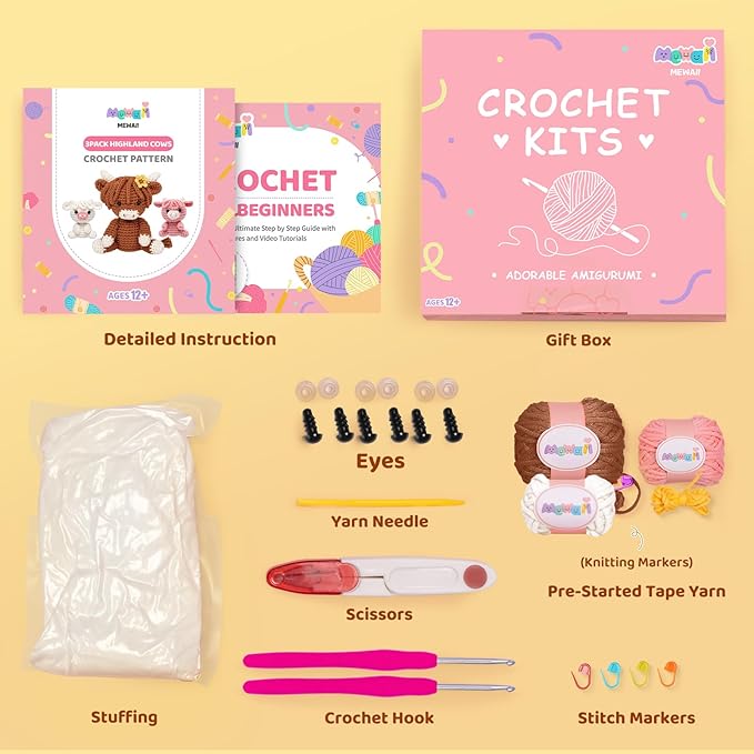 Mewaii Beginner Crochet Kit with 40% Extra Yarn, Pre-Started Yarn & Video Tutorials - 3 Highland Cows Craft Set for Adults & Kids