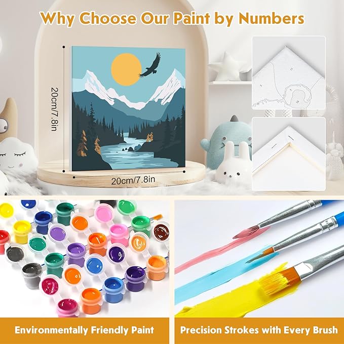 4 Pack Paint by Numbers for Adults with Wooden Framed, Nature Scenery, Sunset, Paint by Number Kits on Canvas for Beginner, DIY Acrylic Oil Painting Kits for Home Decor 8x8 inch, Mountain Landscape