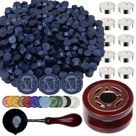 Navy Blue Wax Seal Beads, ONWINPOR 400pcs Wax Sealing Pellets Kit with Warmer, Non-Slip Spoon, Candles for Envelopes, Stamp Letter Seal, Wedding Invitations (Navy Blue)