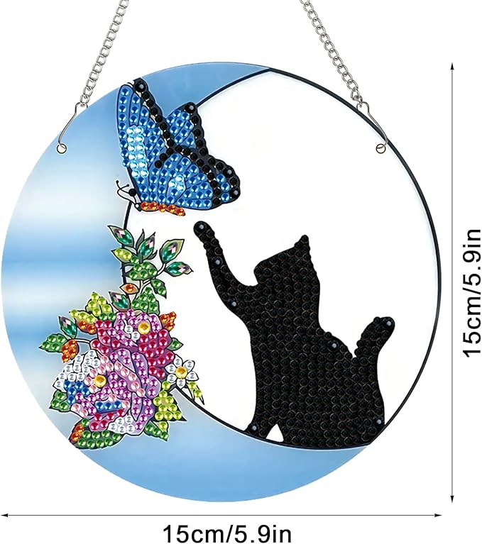 AiYuanzsh Diamond Painting Hanging Pendant Kit for Adults, Crystal Rhinestone Cat & Butterfly Diamond Art Suncatcher Ornament for Door, Wall, Window, Home Decor
