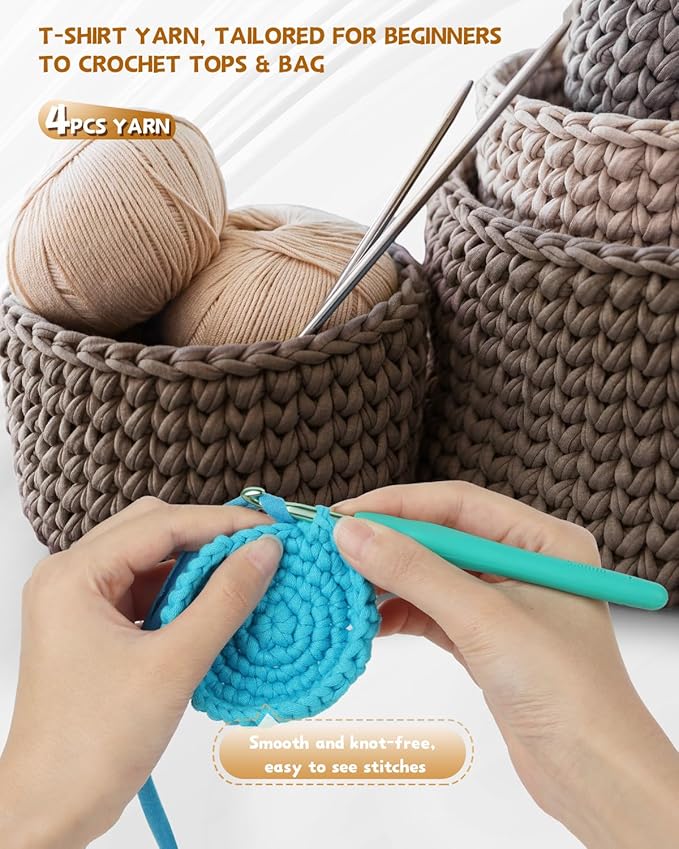 Katech T-Shirt Yarn - Pink Elastic Fabric Crochet & Knitting Kit, 400g, 130yds - Thick Spaghetti Yarn for Handmade Bag & Basket Cushion Crocheting Projects, Home Decor (Brown)