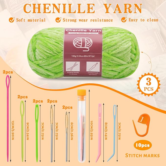 LUNARM Chenille Yarn for Crocheting Knitting, 3 Skein 263 Yard Thick Soft Chunky Fluffy Weaving Plush Yarn for Blankets Clothes Pattern Creations with Big Eye Needles (Grass Green)