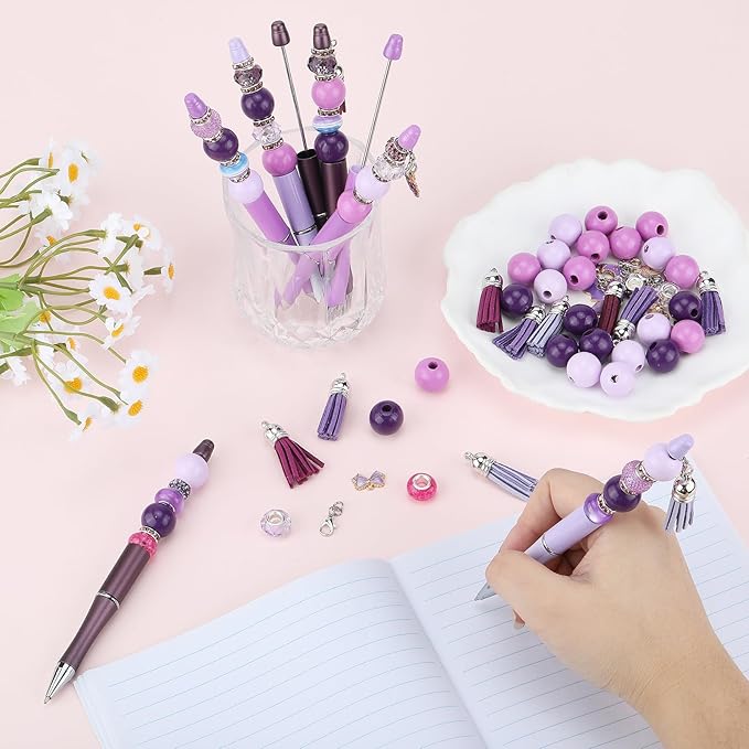 12pcs DIY Beadable Pens Bulk Pens for Beads Beaded Pen Kit for Students Teacher Office Supplies DIY Making Gifts(Purple)