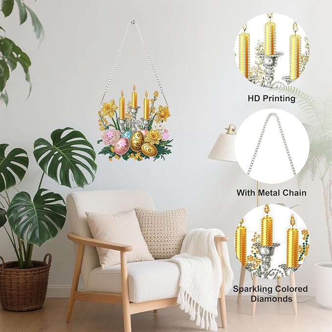 Easter Diamond Art Hanging Ornaments Kits for Adults, Candle Diamond Painting Pendant Kits, DIY Acrylic 5D Special Shaped Crystal Gem Art Painting Ornament for Home Wall Easter Decor Gift 8x8 Inch
