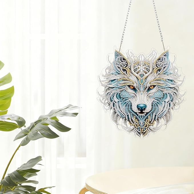 RYMILIE Diamond Art Hanging Kits for Adults,Wolf Special Shaped Diamond Painting,Double Sided 5D DIY Acrylic Diamond Art Painting Window Pendants Home Garden Wall Hanging Kits Wolf Ornament.