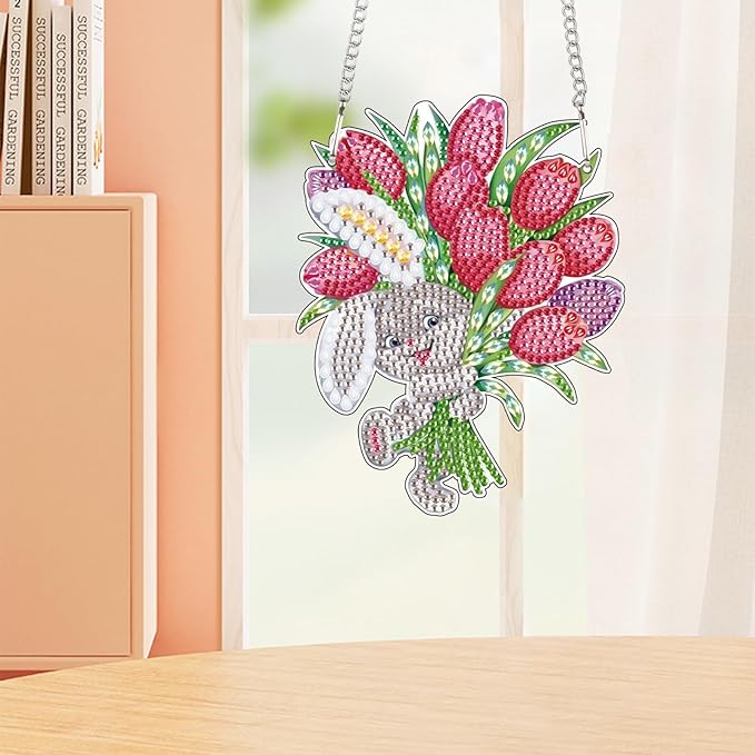 Tontut Easter Diamond Painting Wall Hanging, Bunny Flower Special Shape Diamond Painting Kits, Acrylic Crafted Diamond Art for Home Wall Garden Decoration