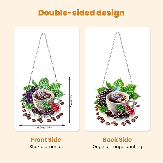 MXJSUA Fruit Coffee Diamond Painting Art Window Suncatchers, Diamond Art Kits for Adults Hanging Ornaments with Chain, 5D Special Shape Crystal Diamond Pendant Accessories for Decor Gift 8x8 Inch