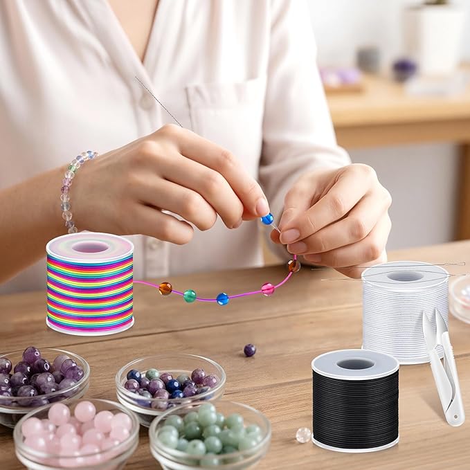 492 Ft Stretchy Bracelet String 1mm Elastic String for Bracelets 3 Roll Elastic String Elastic Cord for Jewelry Making Necklaces Beading Crafts with Scissors & Beading Needle(Rainbow, White, Black)
