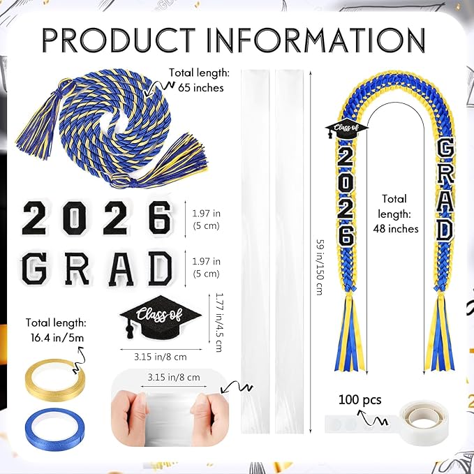 YLOLUL 16 Pcs Graduation Leis 2026 Graduation Candy Lei Kit with Honor Cord Class of 2026 Graduation Ribbon Money Lays Necklace Graduation Gift Party Accessories for Women Men