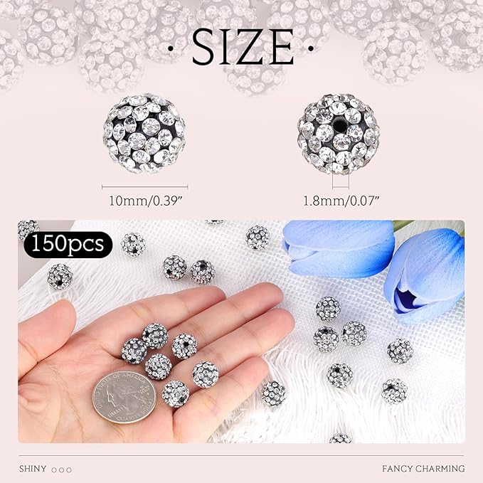 150pcs 10mm Rhinestone Beads for Jewelry Making, Black White Shiny Round Shamballa Disco Ball Beads, Sparkle Crystal Clay Christmas for Bracelet Baseball Necklace Earring Crafting and DIY