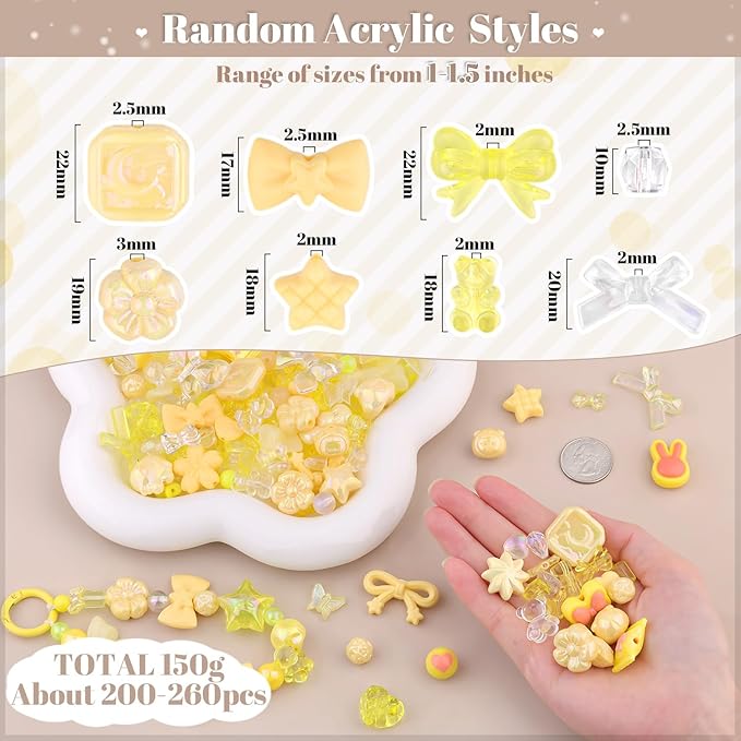 200-260PCS TINKRSTUFF Assorted Acrylic Beads Yellow Cute Beads for Bracelet Making, Bow Star Aesthetic Flower Butterfly GummyBear Kawaii Charms for Jewelry Necklace Making DIY Keychain Phone Charm