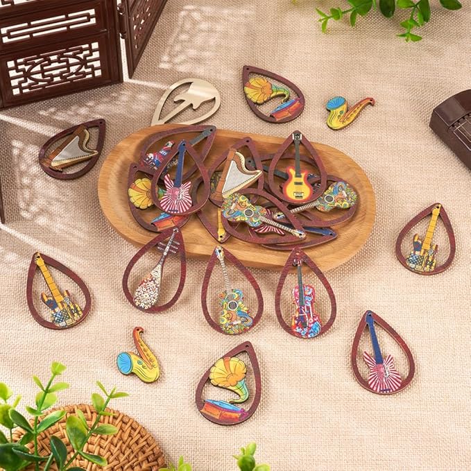 40pcs Wooden Earring Charms Big Flat Teardrop Printed Wood Musical Instrument Pendants Hollow Wood Cutouts for Necklace Keychain DIY Jewelry Craft Making