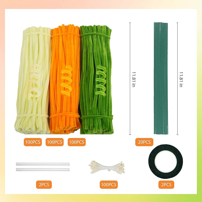 300 Pcs Thick Pipe Cleaners,Craft Supplies Floral Bonquet,DIY Flower Making Kit for Starter with Floral Wires, Gardening Tape,Stamen (Gold+Yellow+Green)