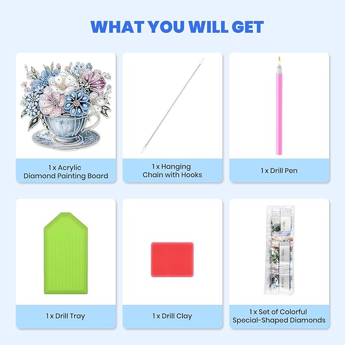 MXJSUA Bouquet Blue Flowers Special Shaped Hanging Diamond Painting Art Kits for Adults, Crystal Rhinestone Acrylic Gem Art Pendant Ornaments Kit for Home Decor and Gift 7.87 * 7.87 Inch