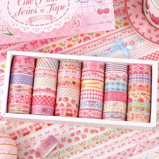 36 Rolls Sweet Pink Theme Washi Tape Set with Different Colorful Patterns, Writable Decorative Tapes for Scrapbooking, Junk Journal Supplies, Bullet Journaling, 0.39'' x 79'' per Roll