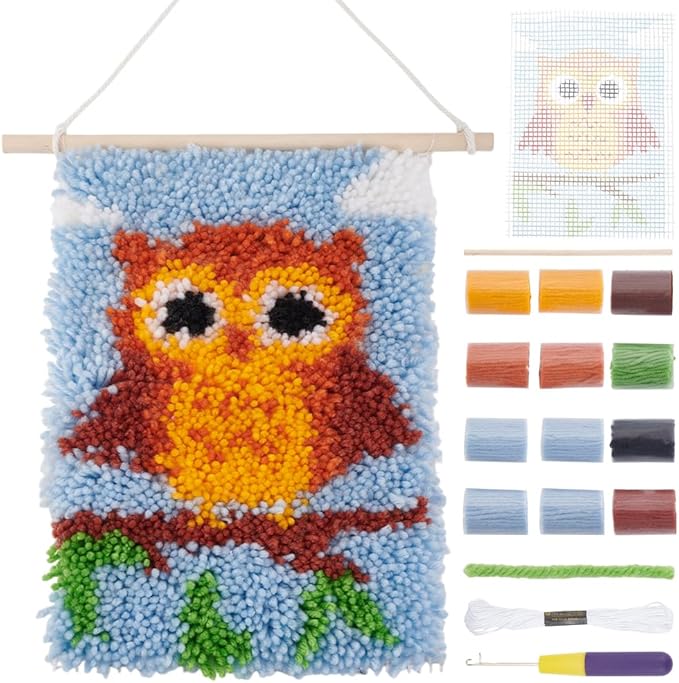 FREEBLOSS Latch Hook Rug Kit Owl Pattern Latch Hook Tapestry Kit for Adults Beginners Yarn Rug Hooking Kits Creative Craft for Learning Rug Making