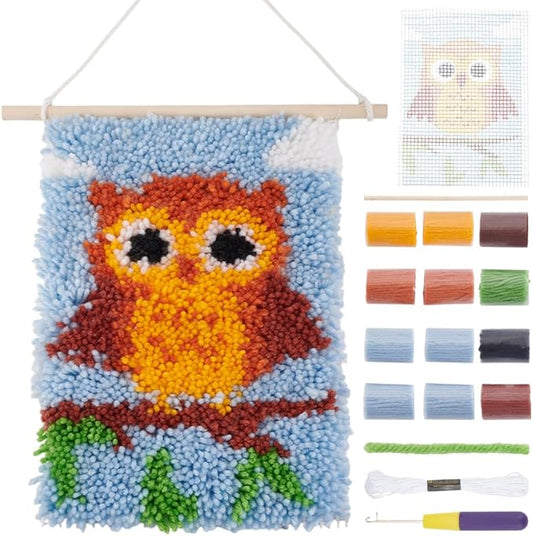 FREEBLOSS Latch Hook Rug Kit Owl Pattern Latch Hook Tapestry Kit for Adults Beginners Yarn Rug Hooking Kits Creative Craft for Learning Rug Making