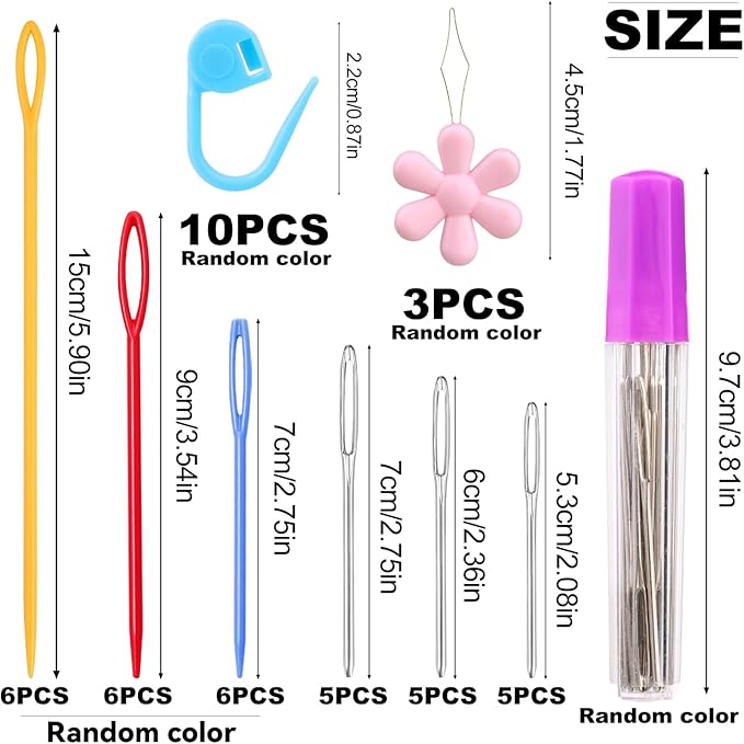48Pcs Plastic Large Eye Sewing Needles Set,15PCS Large-Eye Blunt Needles,Yarn Needle,10 Knitting Stitch Markers with Box, Needle Threader for Knitting Crochet
