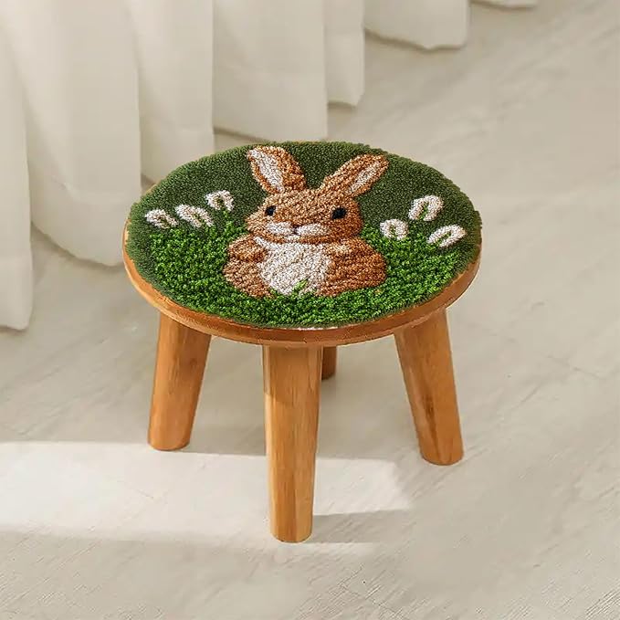 Latch Hook Rug Kit Brown Rabbit in Grass Easy for Beginners Round Shape Carpet Crochet Yarn Craft Mini Rug DIY Hook and Latch Little Tapestry for Home Decor 30x30cm