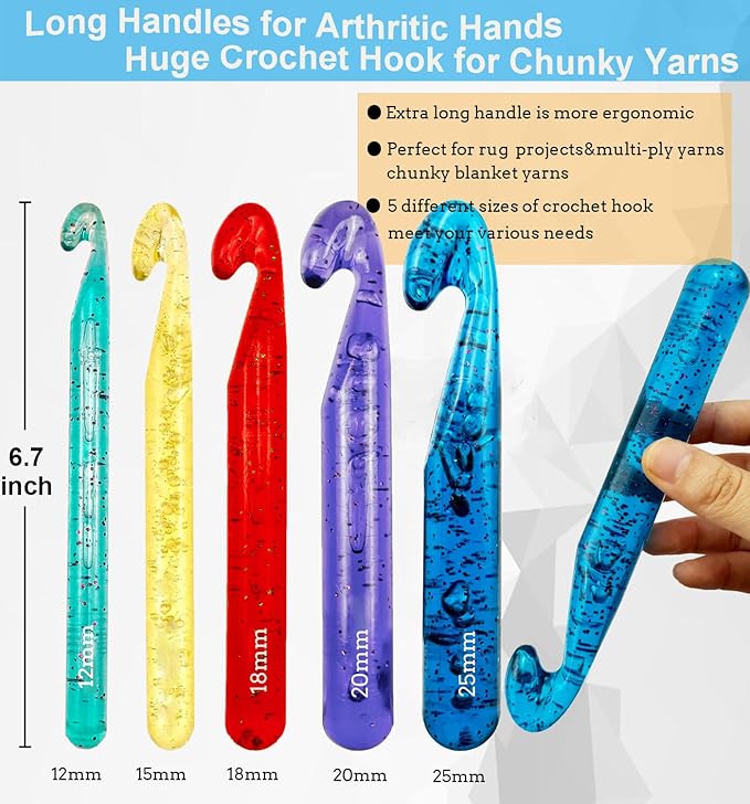 Weabetfu 5 Large Crochet Hook,25mm 20mm 18mm 15mm 12mm Size Crochet Hook, Large Crochet Hook for Chunky Yarn,24PCS Big Crochet Hook,10mm-25mm Crochet Hook with Case (Colourful)