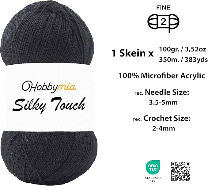 Silky Touch Acrylic Yarn - Soft Sport Weight Yarn for Crochet & Knitting - 100g / 383yds - 100% Microfiber Acrylic - Lightweight Fine Smooth Yarn(Black - Black, 1 Skein)
