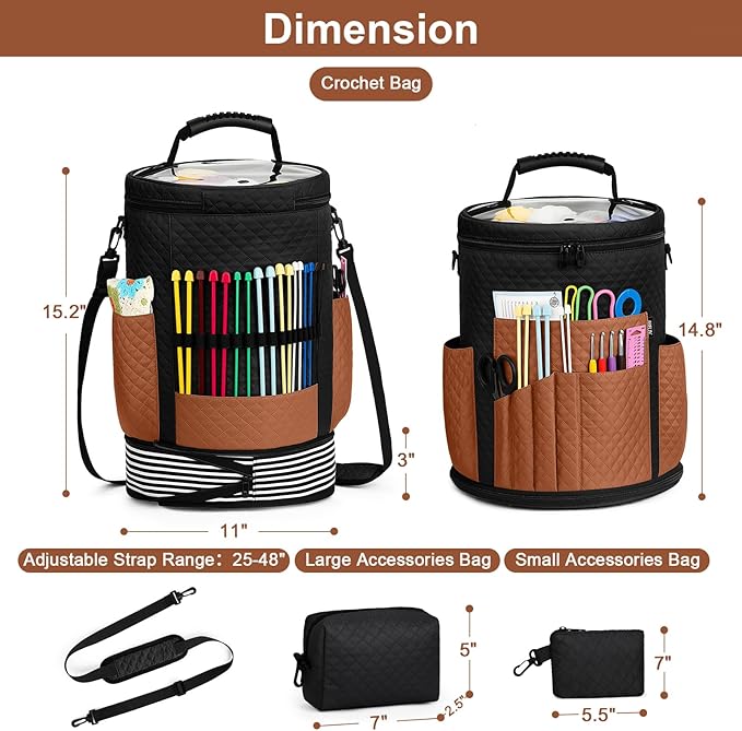 IBFUN Crochet Yarn Knitting Bag 3PCS - Expandable Yarn Storage Organizer Crocheting Bag with Accessories Cases Adjustable Strap for Hooks, Needles, Accessories, Crochet Lovers, Supplies, Beginners