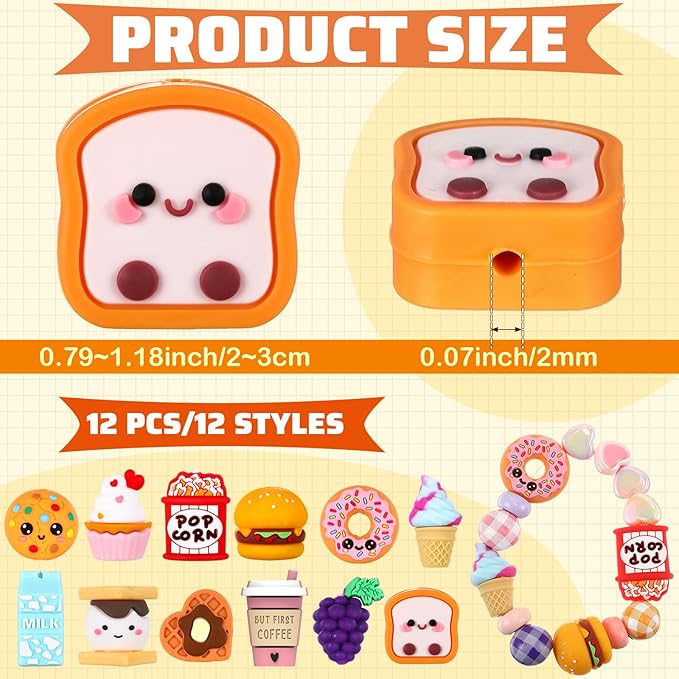 12 Pcs Food 3D Silicone Focal Beads for Pens Food Character Beads Bulk Funny Hamburger Popcorn Ice Cream Donuts Milk for Keychain DIY Crafts Necklace Bracelet Lanyards Making Kit Supplies