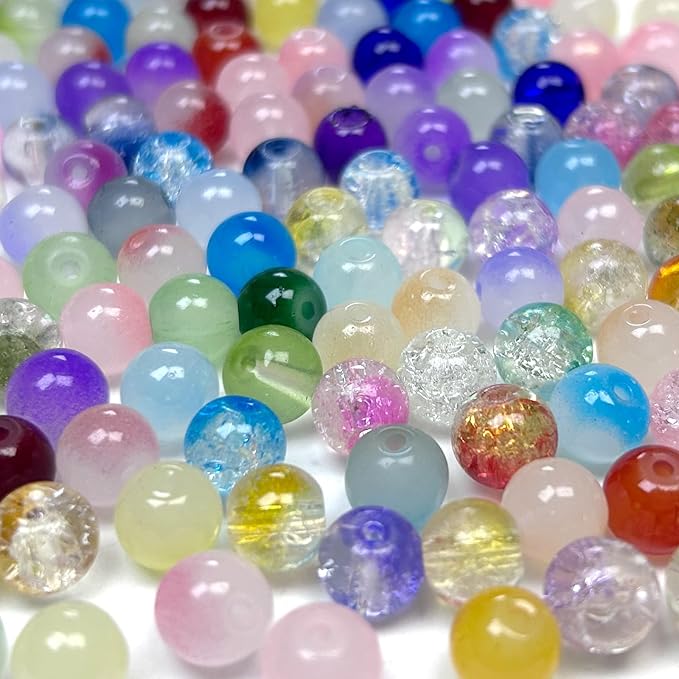 300pcs 8mm Glass Beads, Assorted Glass Beads for Jewelry Making, Colorful Round Spacer Crackle Bead Kit for Bracelet Necklace DIY Craft