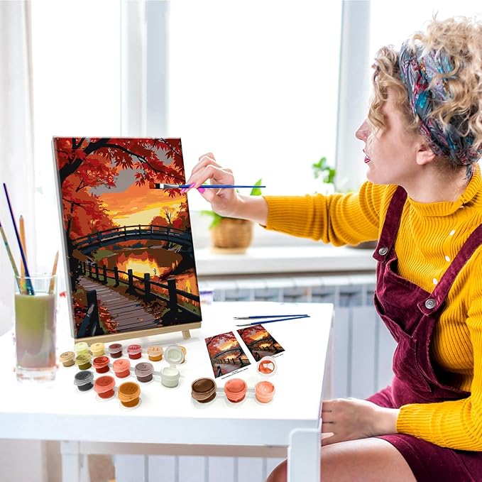 JOOZ Paint by Numbers Kit for Adults with Frame Autumn Landscape Paint by Number with Easel Forest Adult Paint by Number Kits Framed Canvas Bridge Oil Painting Kits for Home Wall Decor 8x12 Inch