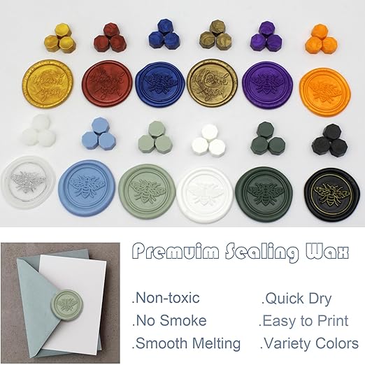 Wax Seal Beads Kit - 300pcs Dusty Blue Sealing Wax Beads with Wood Melting Warmer, Spoon & 10 Mini Candles for Stamp Seals, Wedding Invitation, Envelope, Cards, Gift Wrapping Decorations