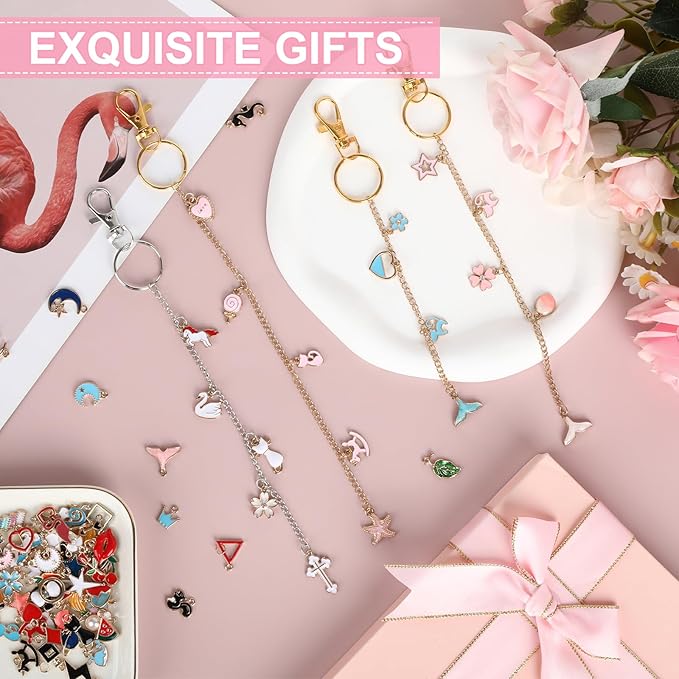 224 Pcs Lip Gloss Charm Keychain Set, Homemade Keychain Making Set, 100 Lip Gloss Charm, 20 Keychains, 1 Jewelry Plier, 1 Puncher, 16.5 Ft Rolls Chain, 100 Jumping Rings, for Jewelry Craft Gifts