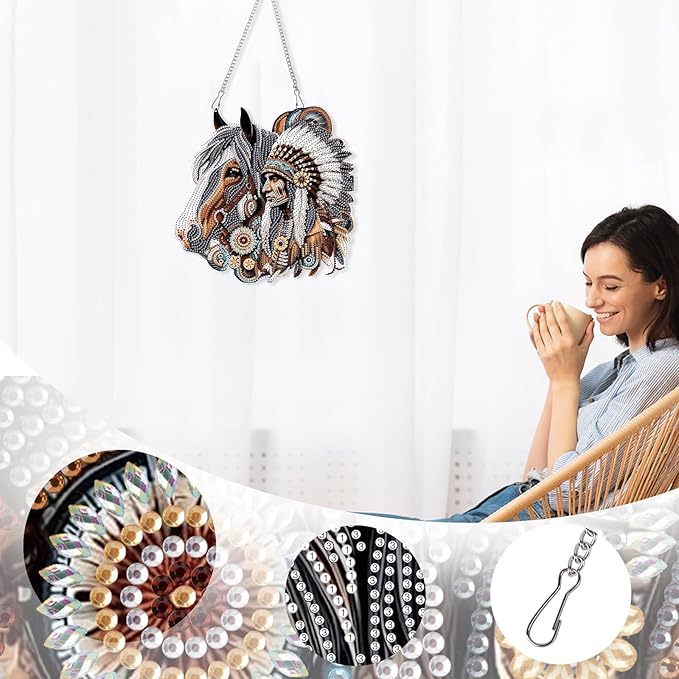 AiYuanzsh Diamond Art Suncatcher Hanging Kit Native American Horse Design, Special Shaped Diamond Painting Hanging Ornament for Adults DIY Wall Window Decoration