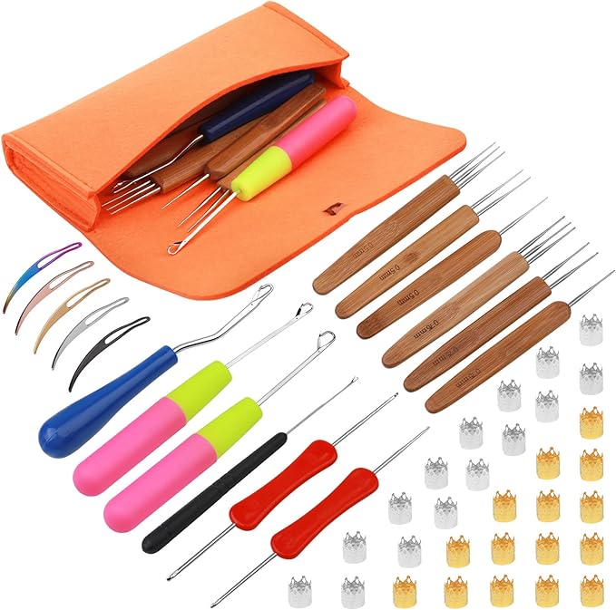Loc Crochet Needle, 48 Pcs Dreadlock Crochet Hook Tool, 6 Dreadlock Crochet Needle for Hair, Different Size Bent Latch Hook, Crochet Hooks for Hair Braiding with Case