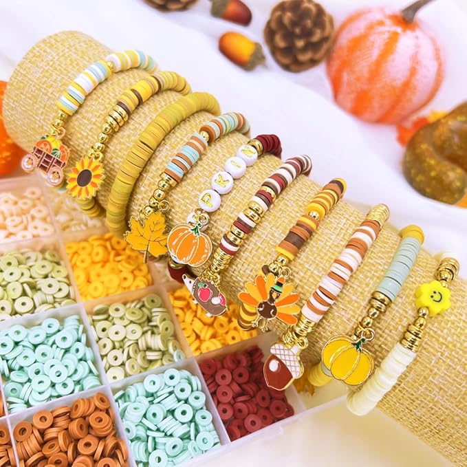 MIIIM Fall Clay Beads Kit for Bracelets Making, Heishi Beads for Friendship Bracelet, Thanksgiving Clay Charms and Gold Spacers for Jewelry Making, Crafts, Concert, Raves, Gifts