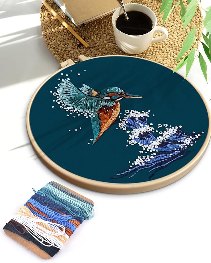 TINDTOP Embroidery Kit for Beginners Adult, Kingfisher Embroidery Kit for Beginners Include Embroidery Cloth Hoops Threads for Craft Lover Hand Stitch with Embroidery Skill Techniques
