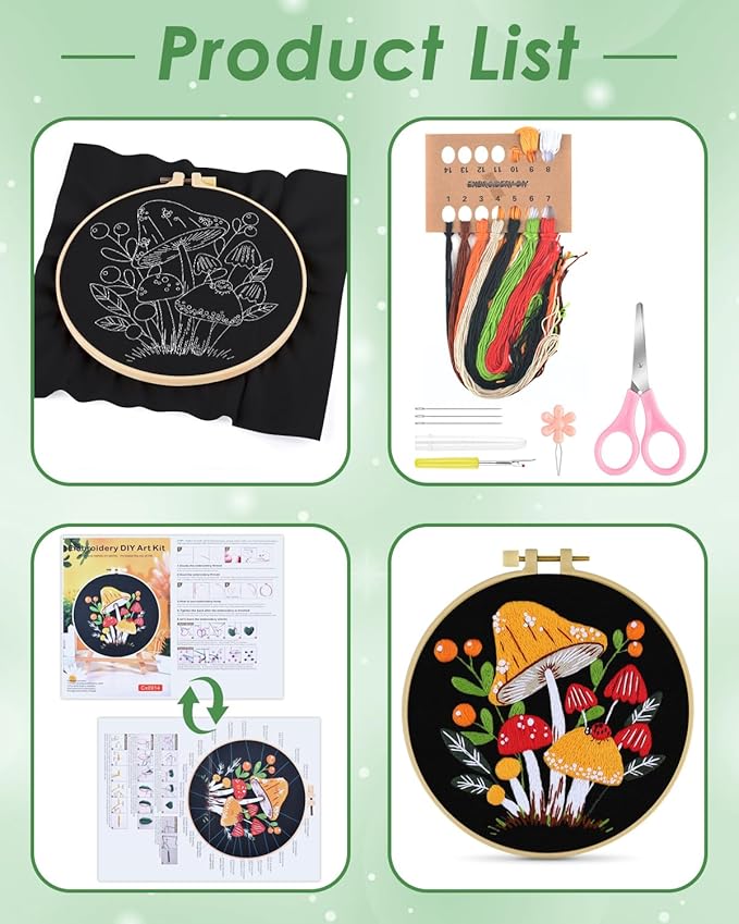 ERKOON Embroidery Kit for Beginners, Flower Cross Stitch Set for Include Embroidery Cloth Hoops Threads for Craft Lover Hand Stitch with Embroidery Skill Techniques (Mushroom)