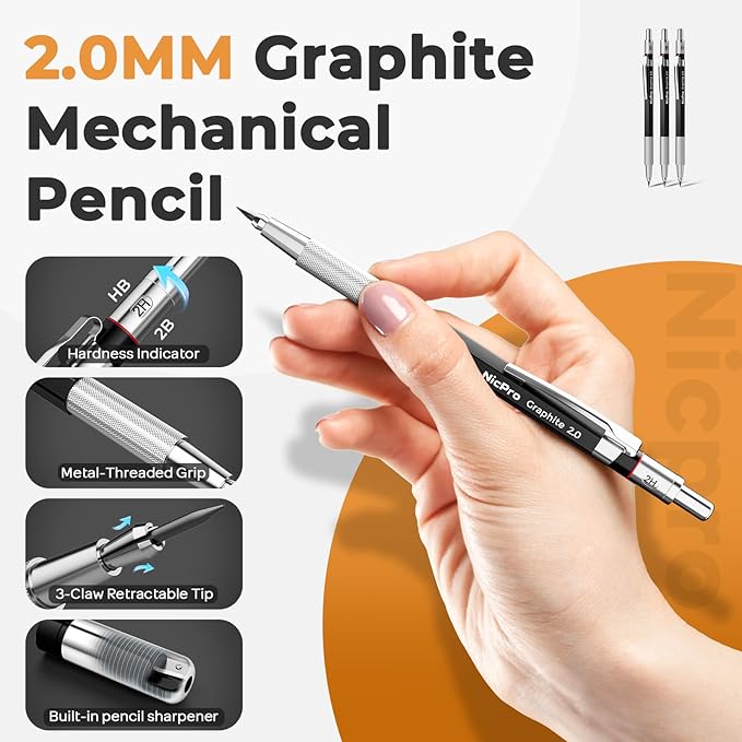 Nicpro 37PCS Art Drawing Supplies Kit, Metal Mechanical Pencil Set 0.5, 0.7, 0.9 & 2mm, 100 Sheets 9x12 Sketch book, 288PCS Leads, School Supplies Drawing Kit for Artist Adults Teens Kids Sketching