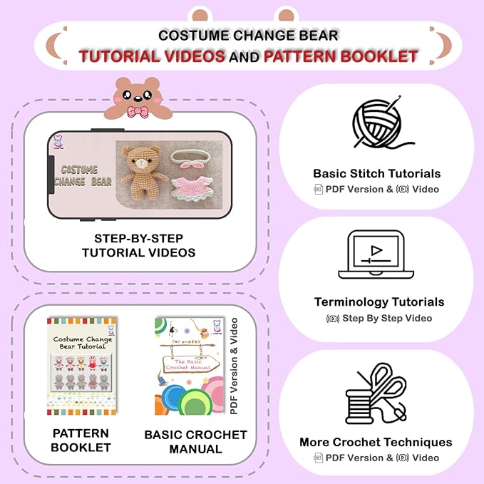 LoopMap Amigurumi Crochet Kit for Beginners with Removable Dress & Video Tutorials, DIY Bear Making Kit Includes Premium Yarn & Tools, Creative Gift for Adults Teens (Purple)