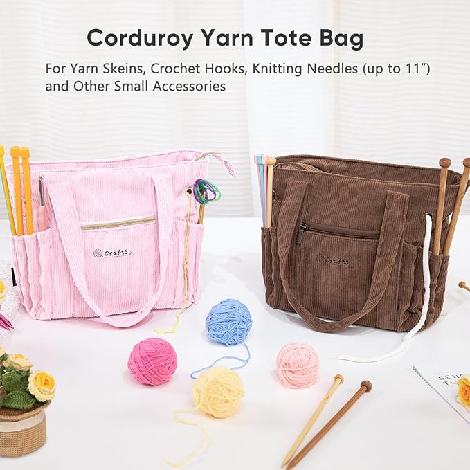 Corduroy Crochet Bag 11.5" Large Yarn Storage Tote with Grommets, Needle Holders – Knitting Bag Organizer for Crochet Hooks, Accessories, Tools & Projects –Gift for Knitters & Crafters